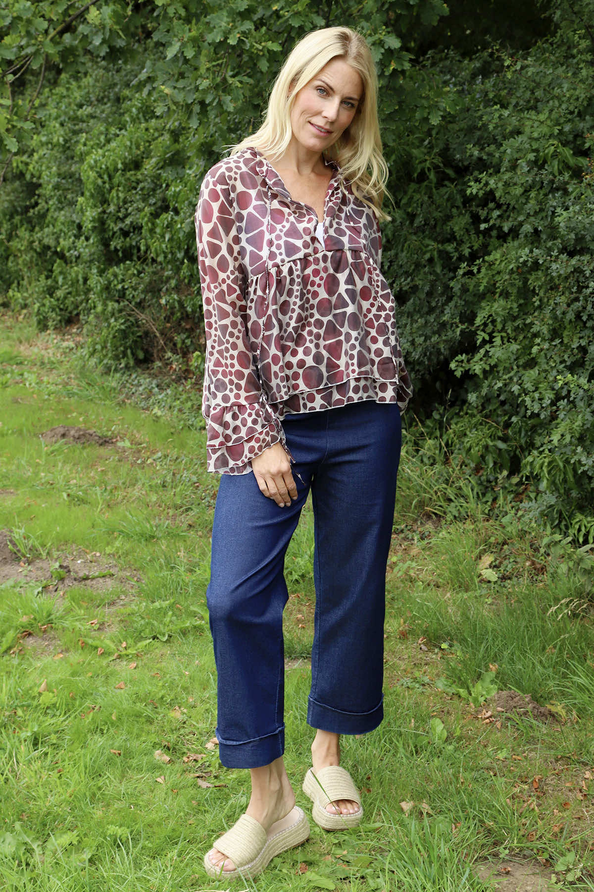 Edith Print Tie Front Top Burgundy