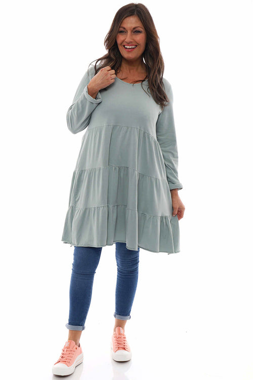 Darcey Tiered Cotton Dress Sage Green - Image 2