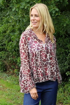 Edith Print Tie Front Top Burgundy