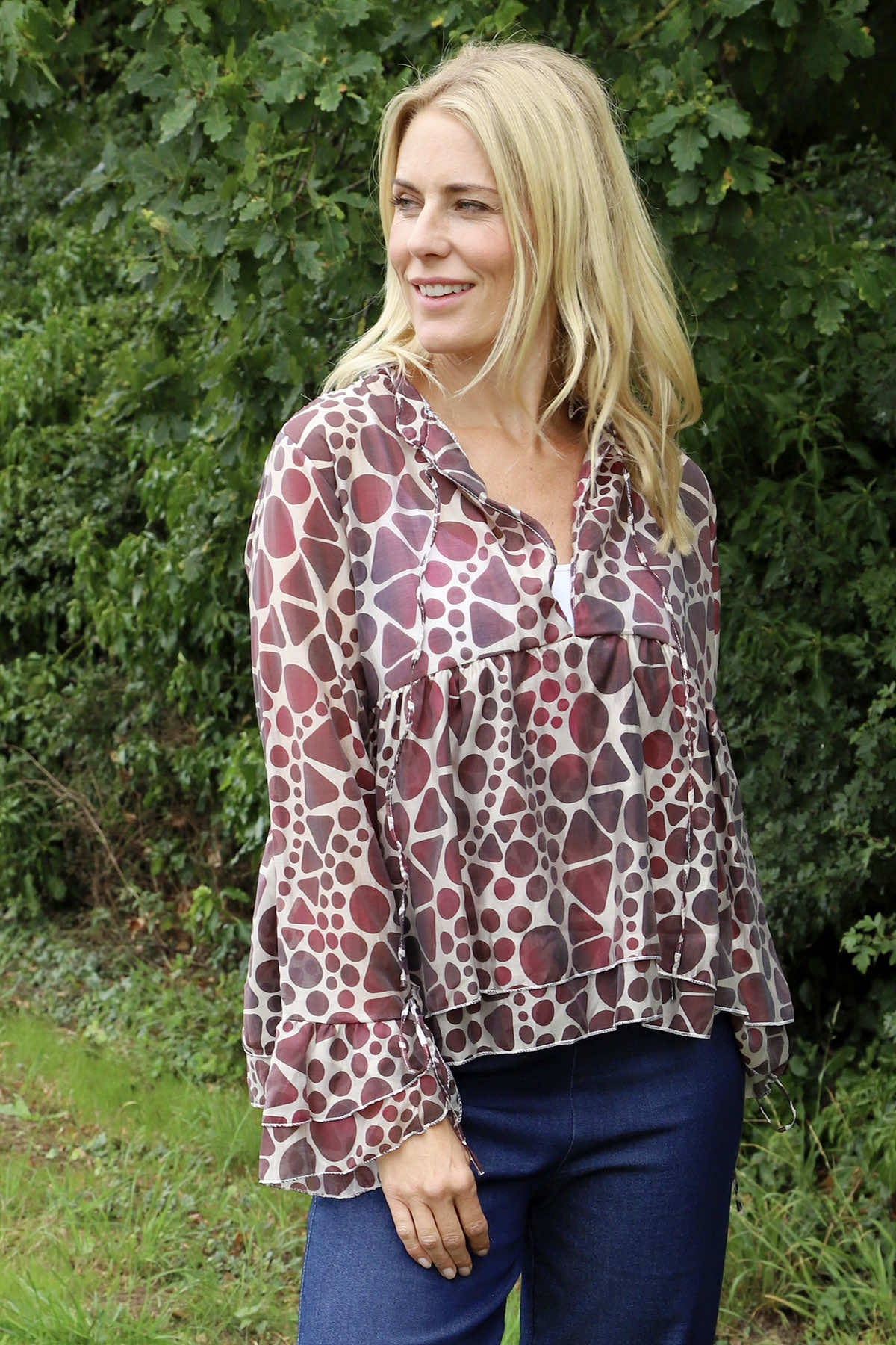 Edith Print Tie Front Top Burgundy