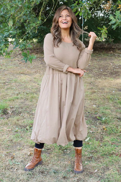 Sandown Long Sleeve Puffball Cotton Dress Camel - Image 2