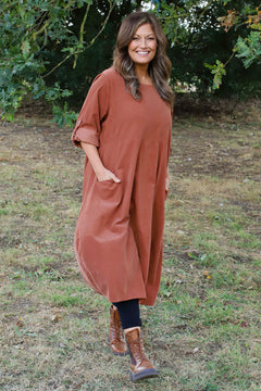 Penelope Pocket Needlecord Dress Burnt Orange