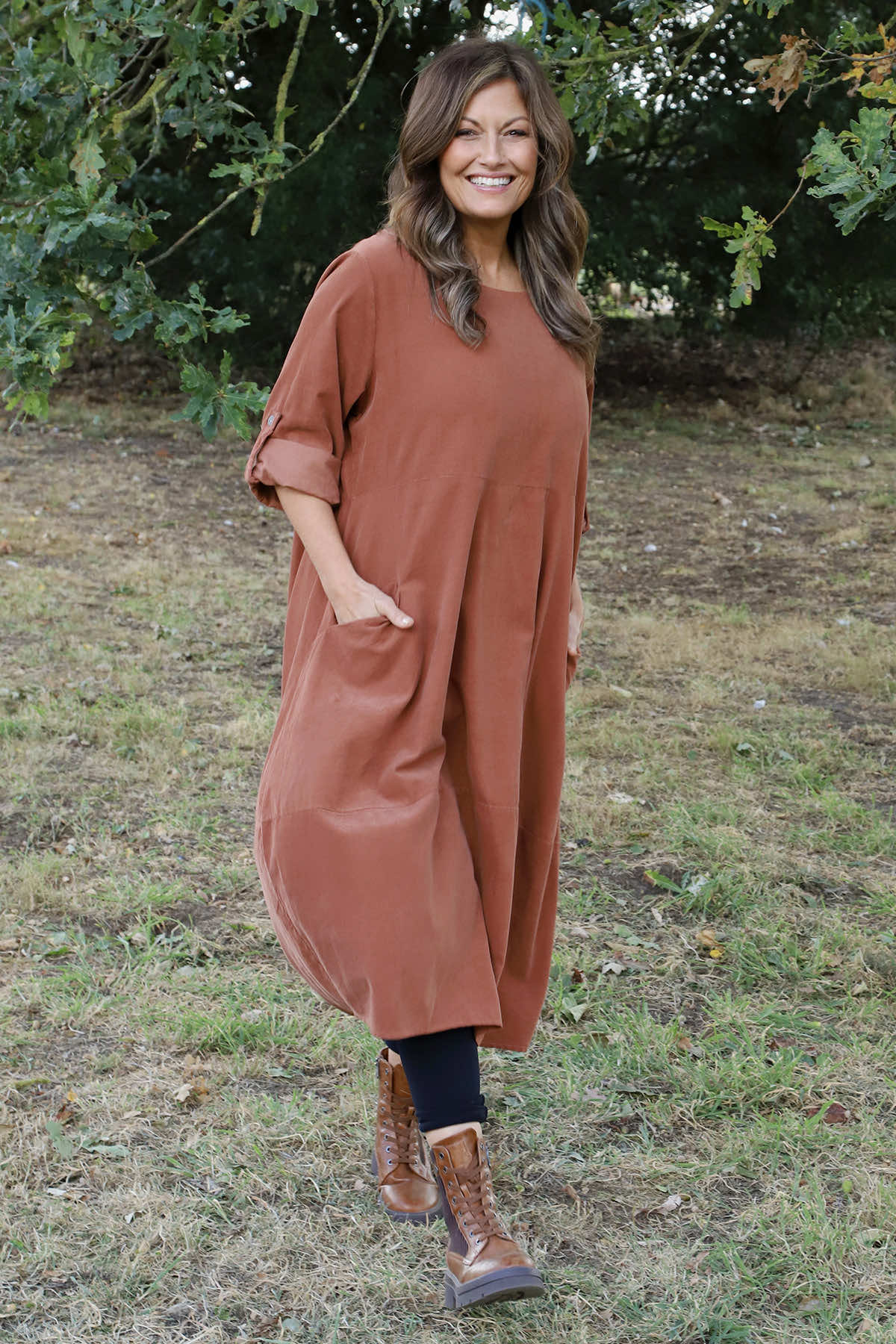 Penelope Pocket Needlecord Dress Burnt Orange