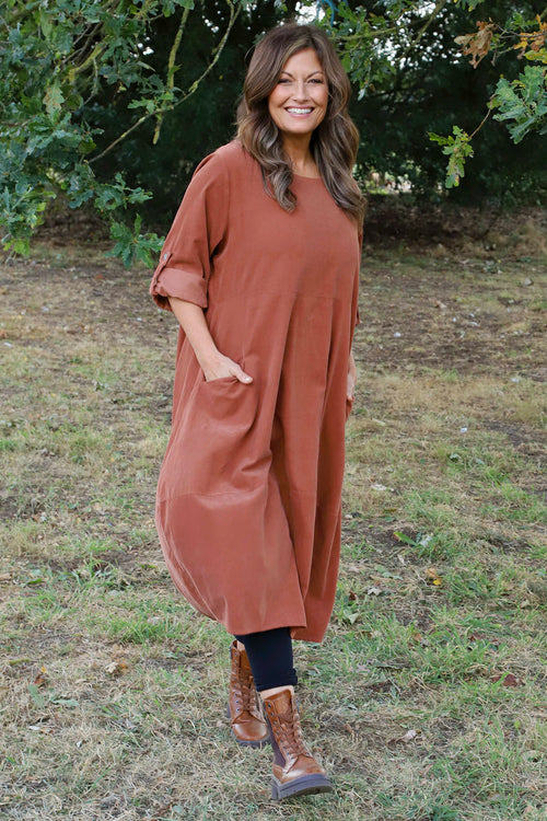 Penelope Pocket Needlecord Dress Burnt Orange