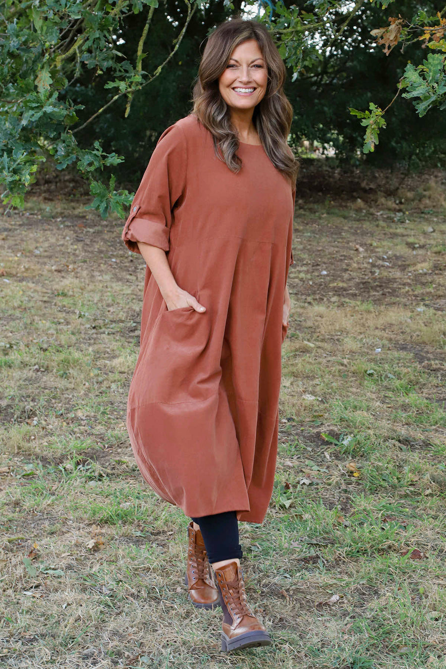 Penelope Pocket Needlecord Dress Burnt Orange