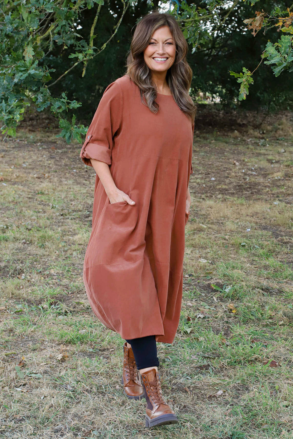 Penelope Pocket Needlecord Dress Burnt Orange