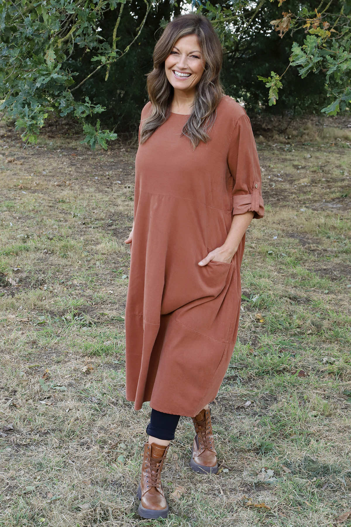 Penelope Pocket Needlecord Dress Burnt Orange