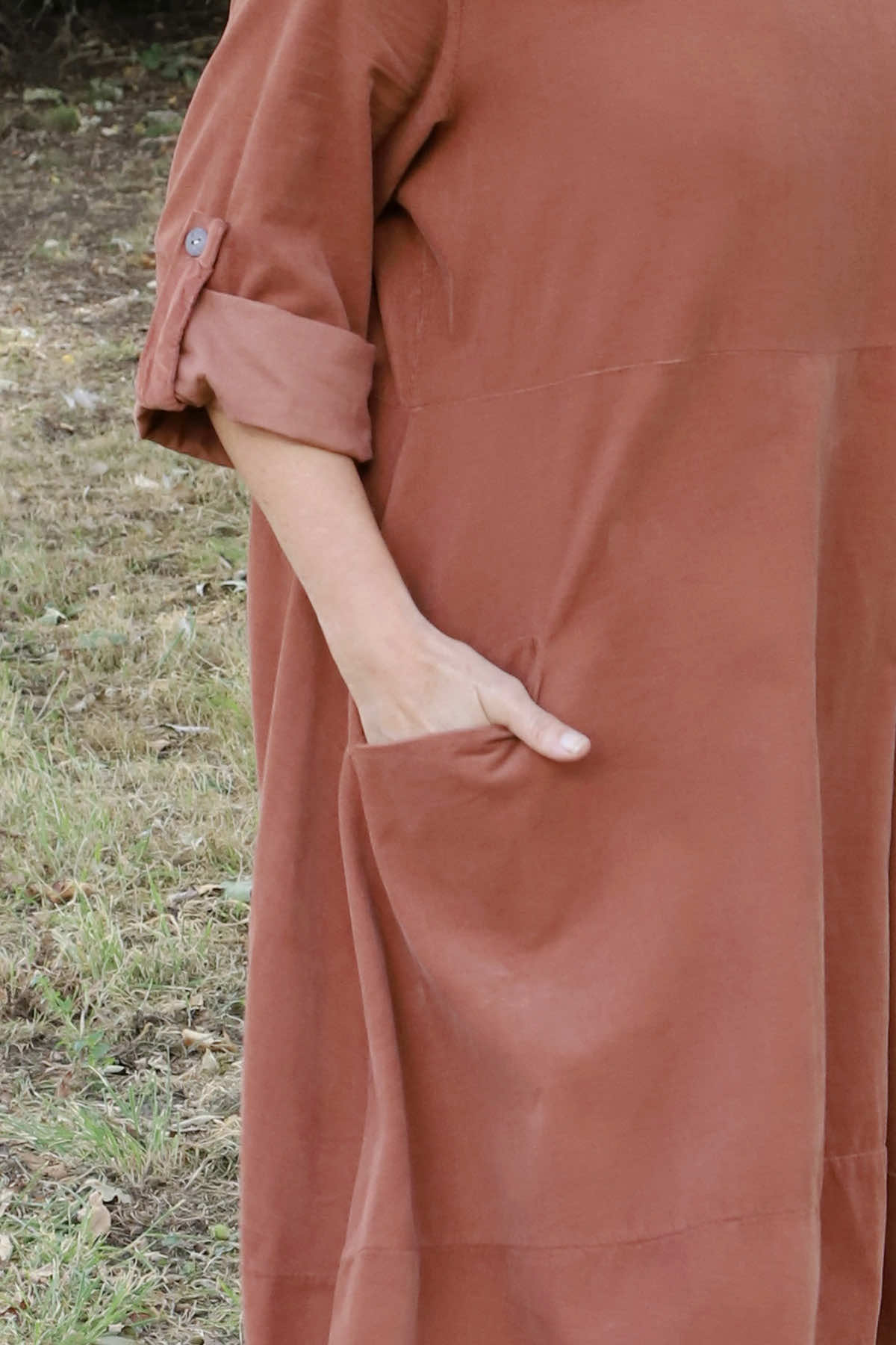 Penelope Pocket Needlecord Dress Burnt Orange