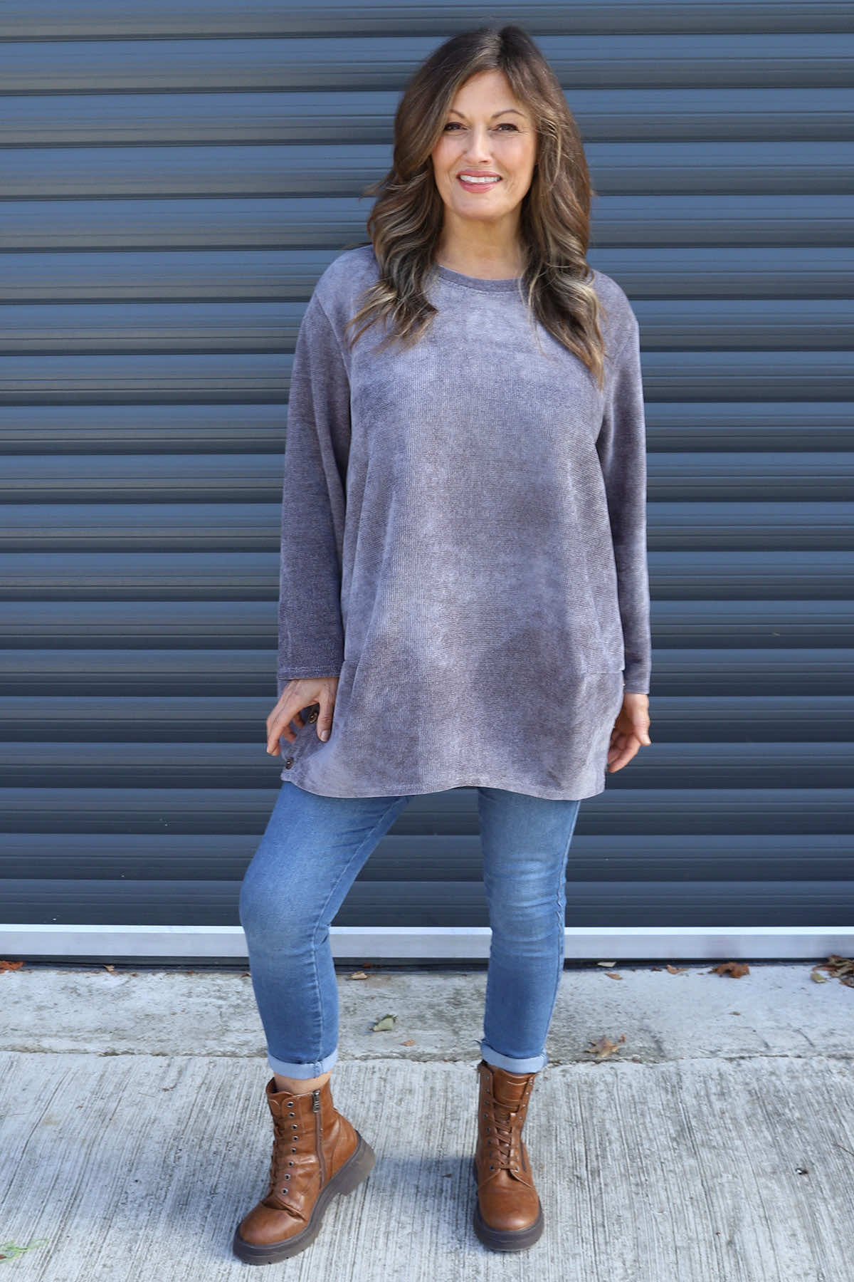 Kiera Button Detail Cord Top Mid Grey