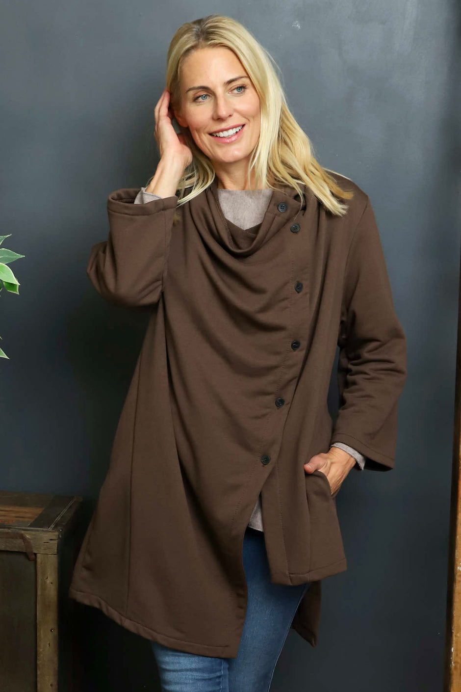 Damaris Asymmetric Button Cotton Top Cocoa