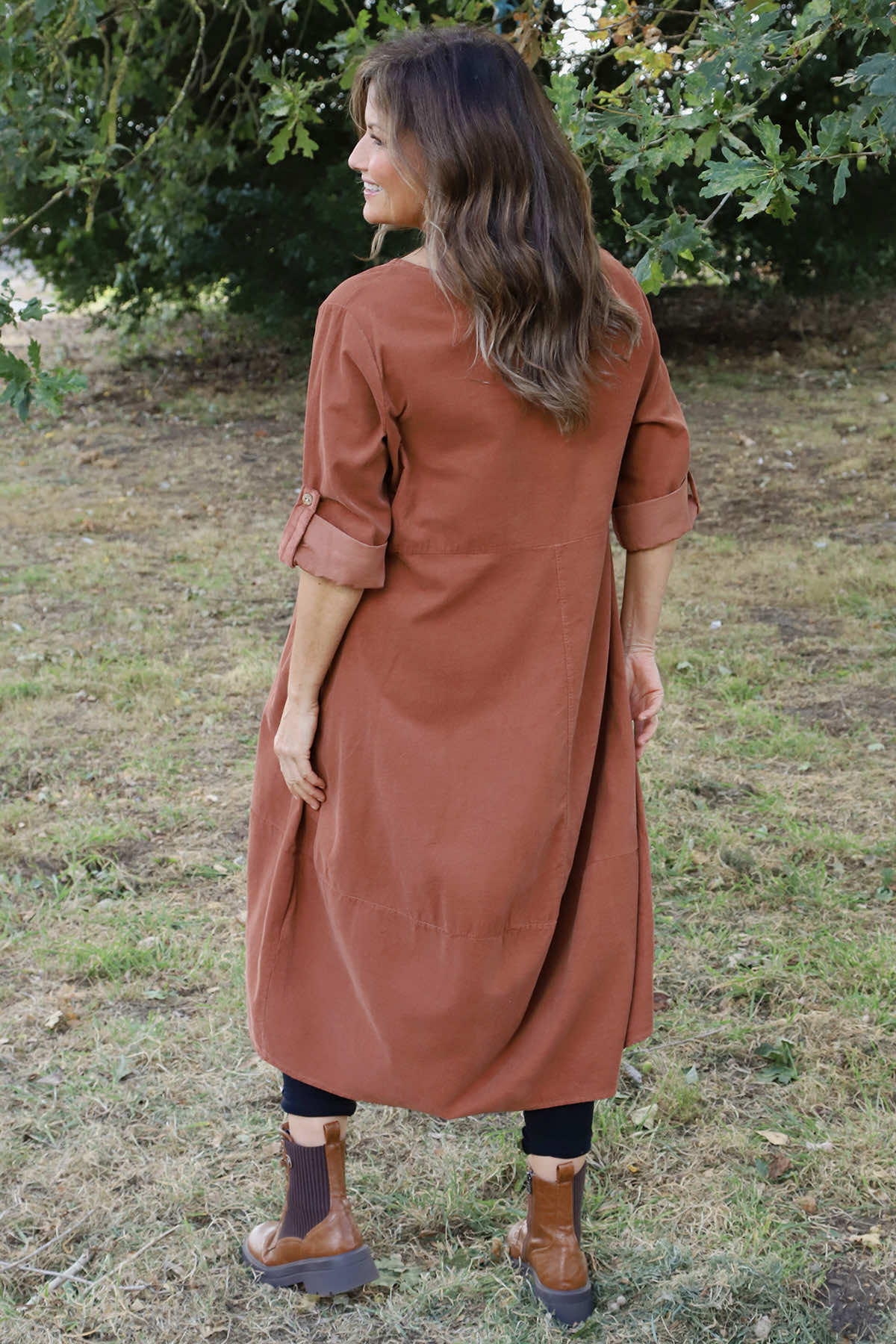 Penelope Pocket Needlecord Dress Burnt Orange