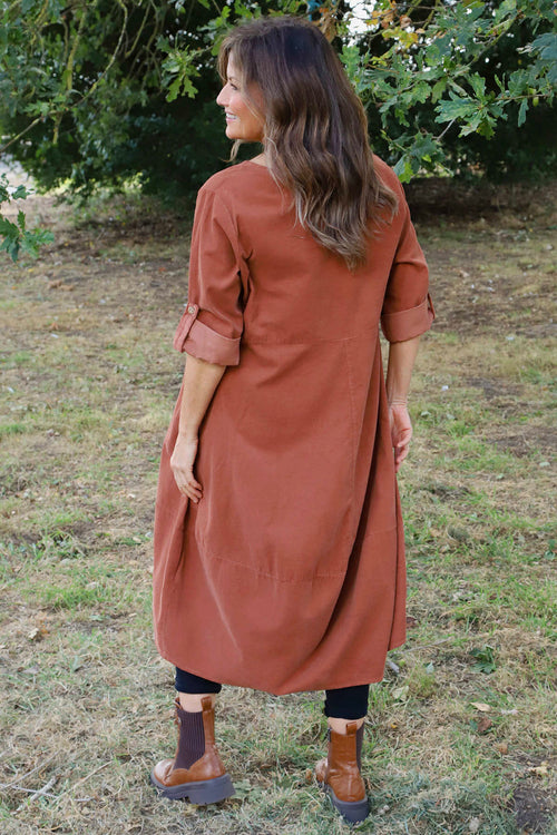 Penelope Pocket Needlecord Dress Burnt Orange - Image 4