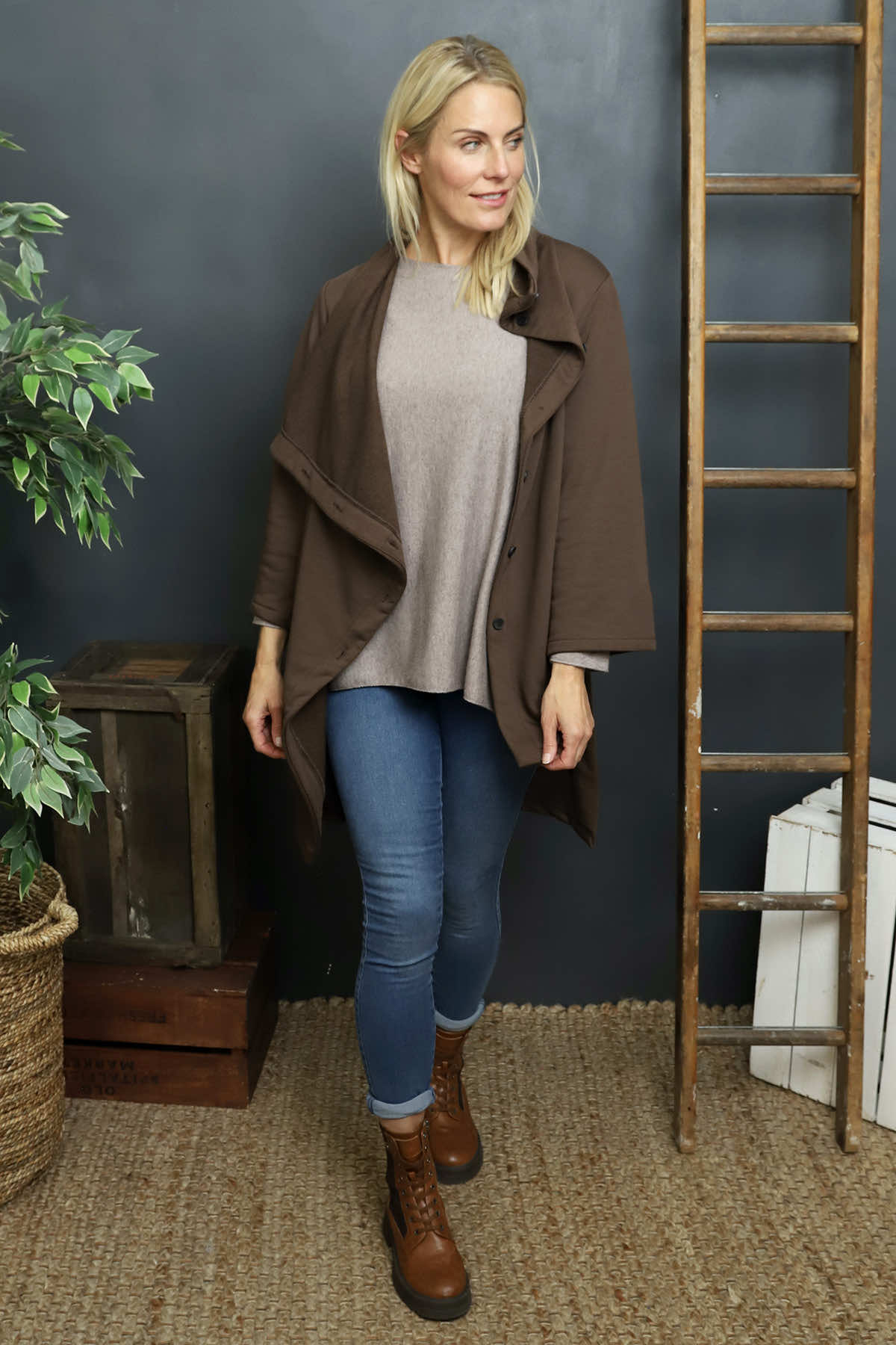 Damaris Asymmetric Button Cotton Top Cocoa