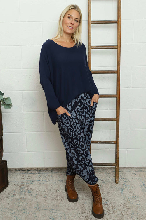 Nerissa Leopard Cotton Trousers Navy