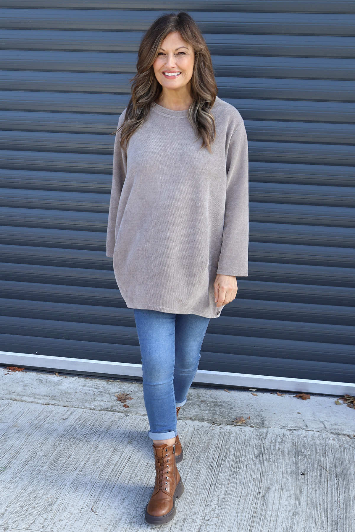 Kiera Button Detail Cord Top Mocha