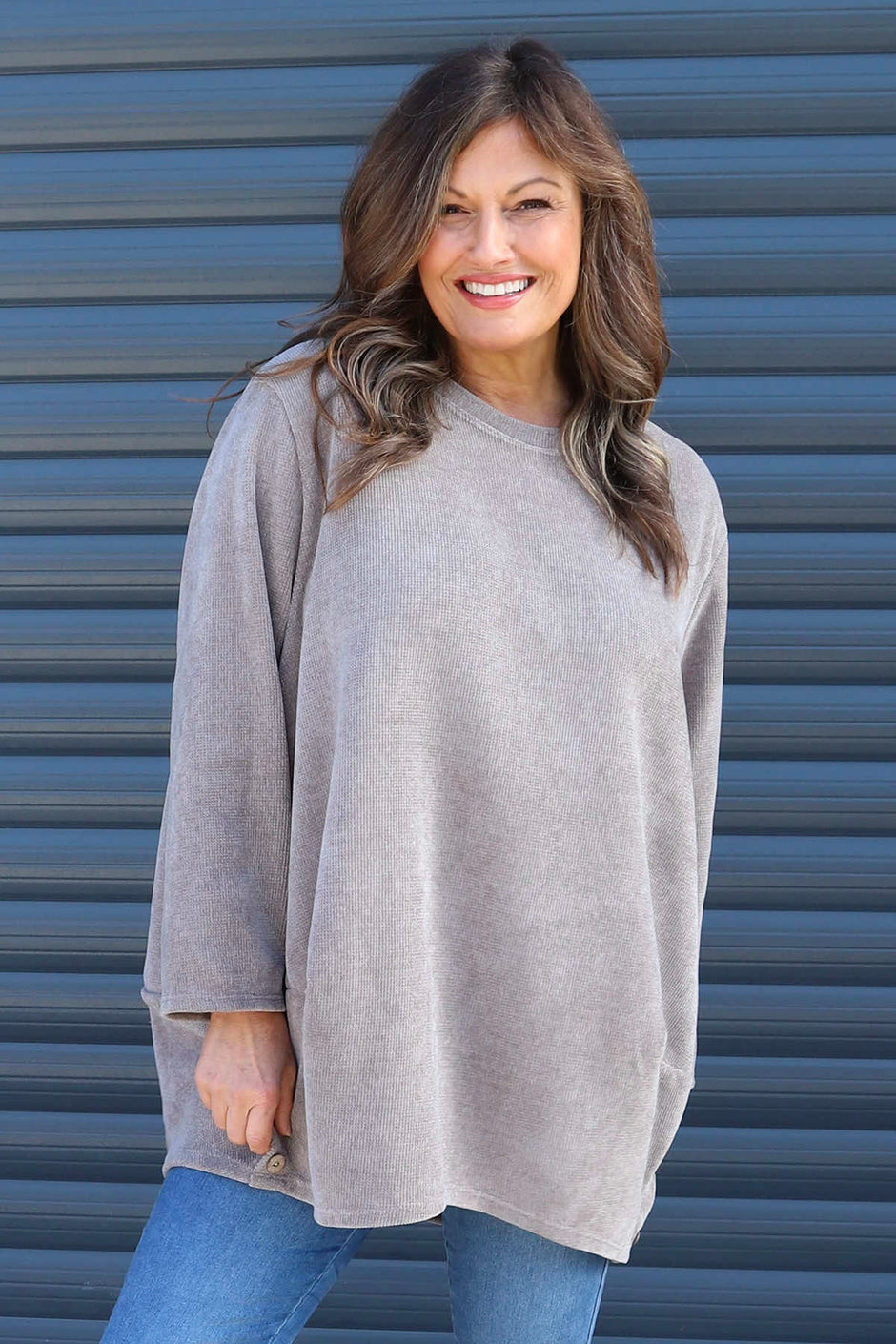 Kiera Button Detail Cord Top Mocha