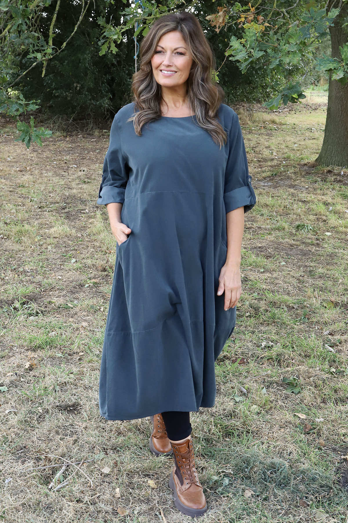 Penelope Pocket Needlecord Dress Charcoal