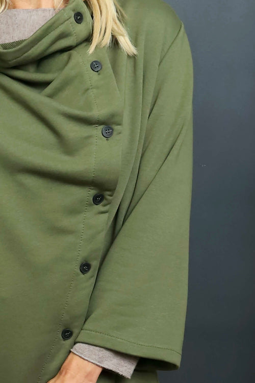 Damaris Asymmetric Button Cotton Top Khaki - Image 3