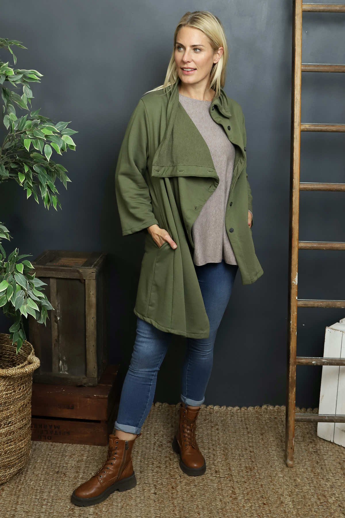 Damaris Asymmetric Button Cotton Top Khaki