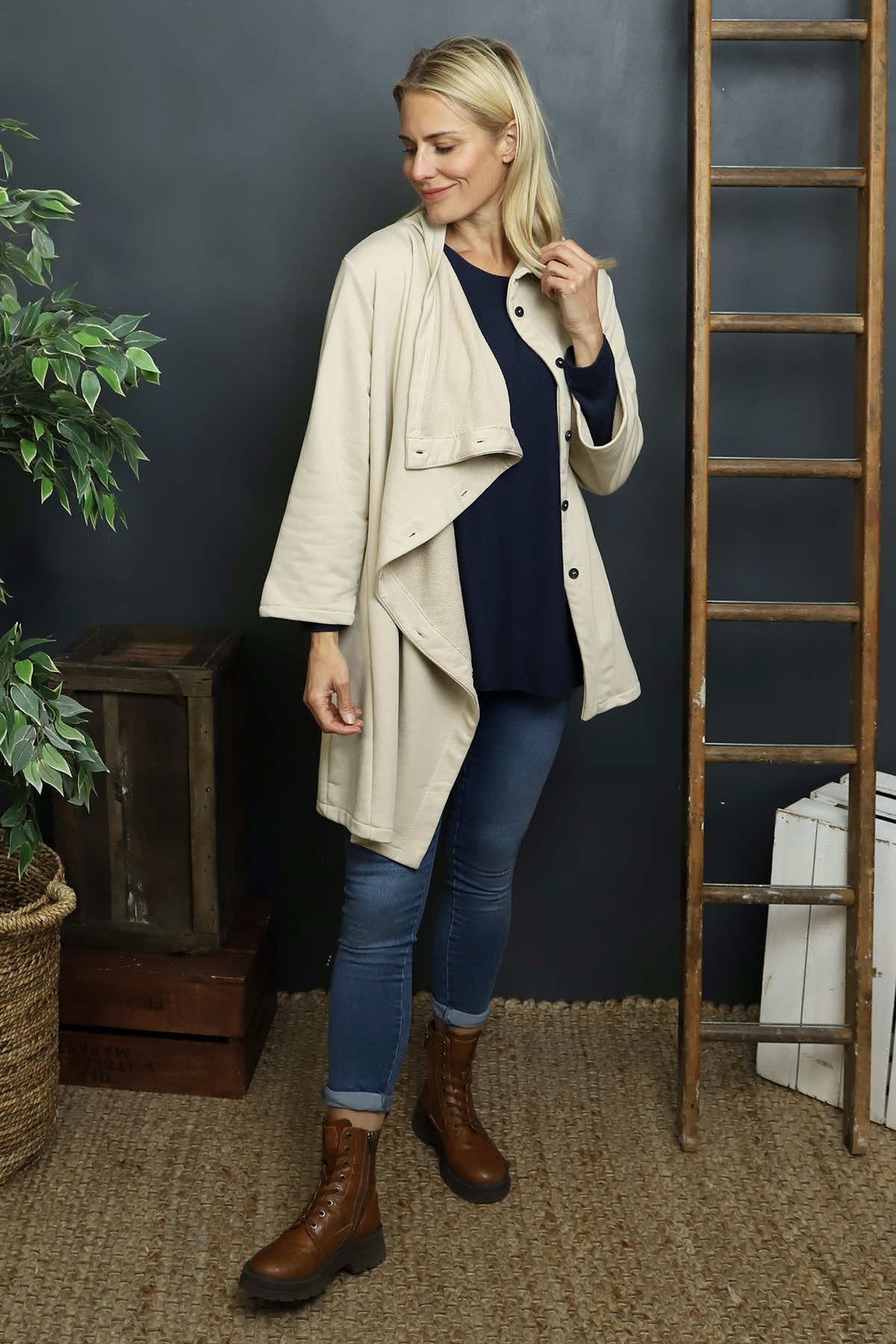 Damaris Asymmetric Button Cotton Top Stone