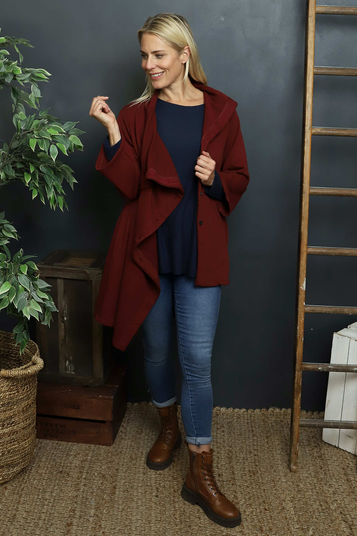 Damaris Asymmetric Button Cotton Top Wine