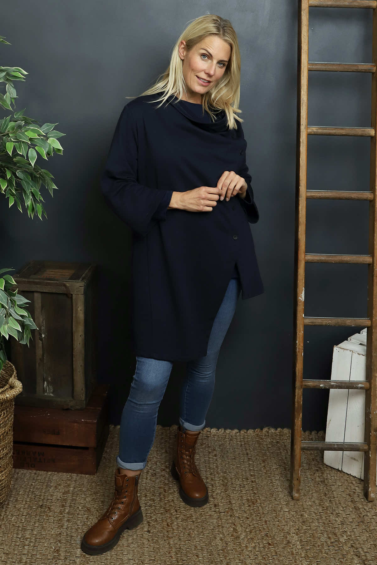 Damaris Asymmetric Button Cotton Top Navy