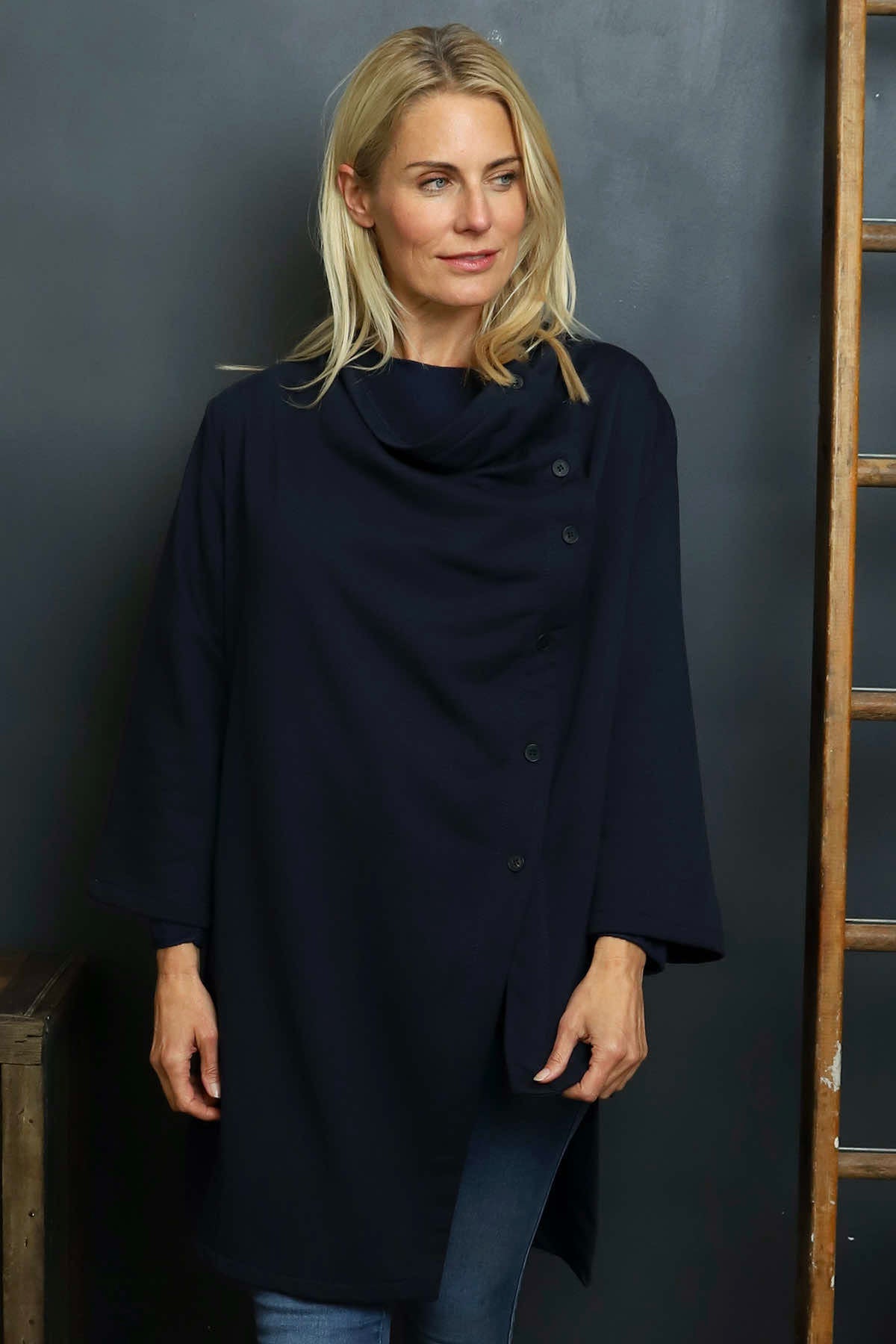 Damaris Asymmetric Button Cotton Top Navy