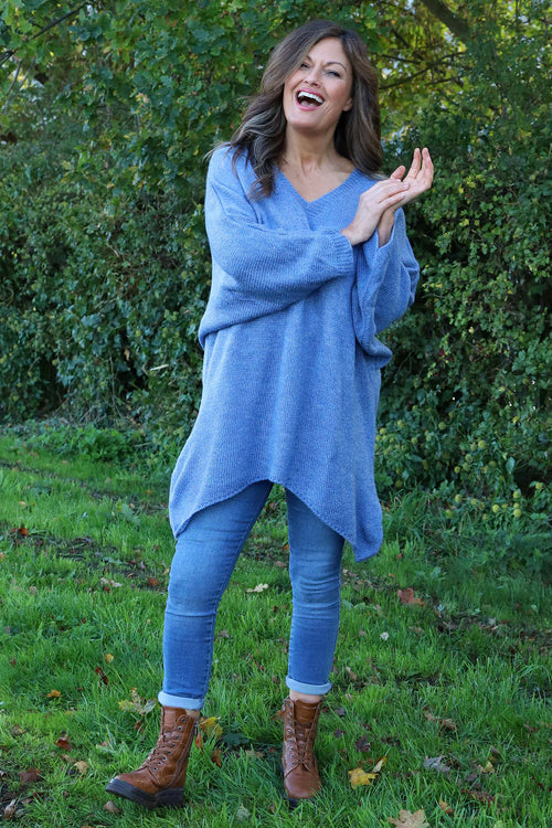 Paulina V-Neck Knitted Jumper Blue - Image 2