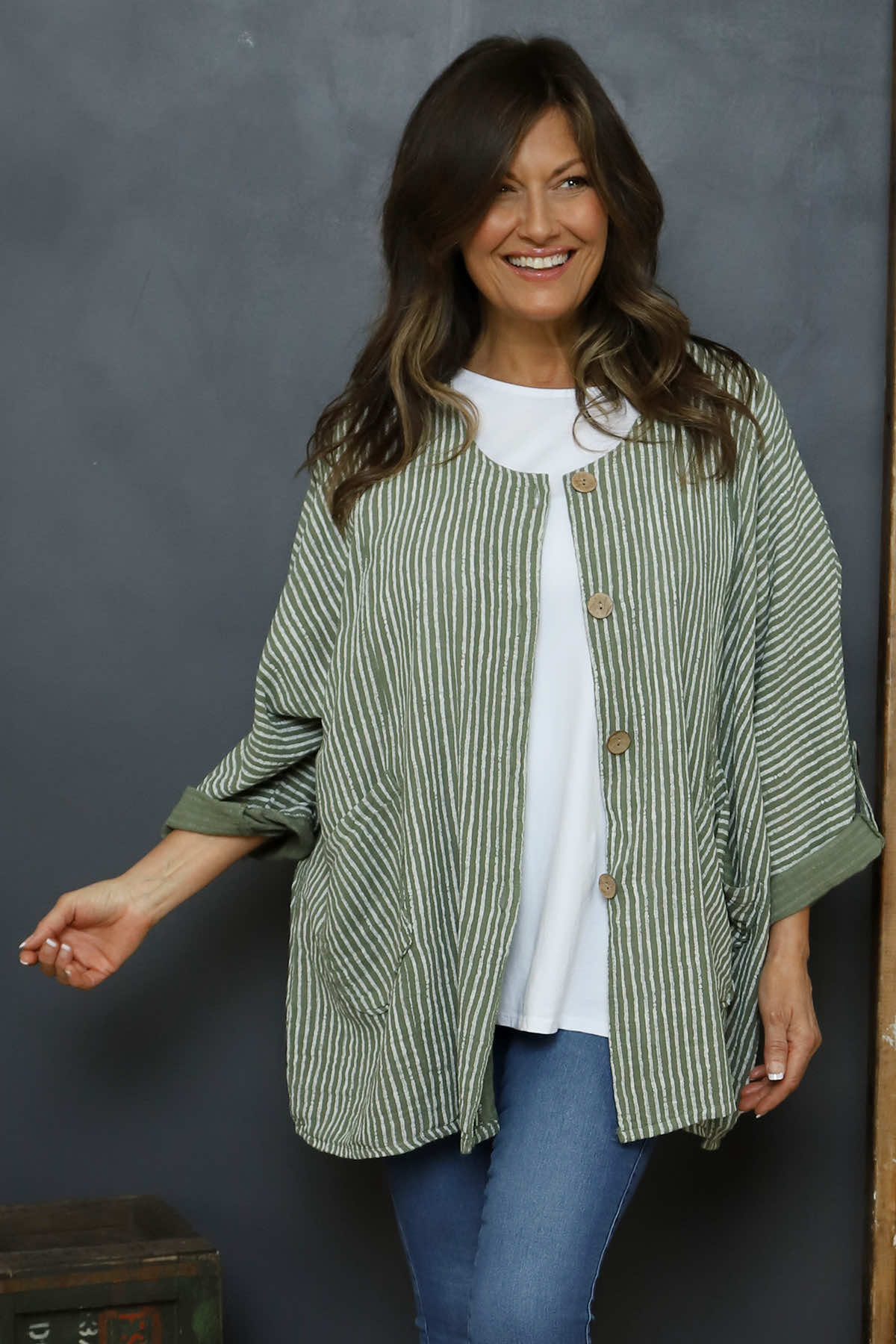 Carlota Stripe Linen Jacket Khaki