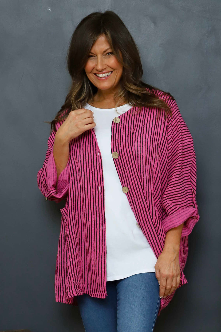 Carlota Stripe Linen Jacket Fuchsia