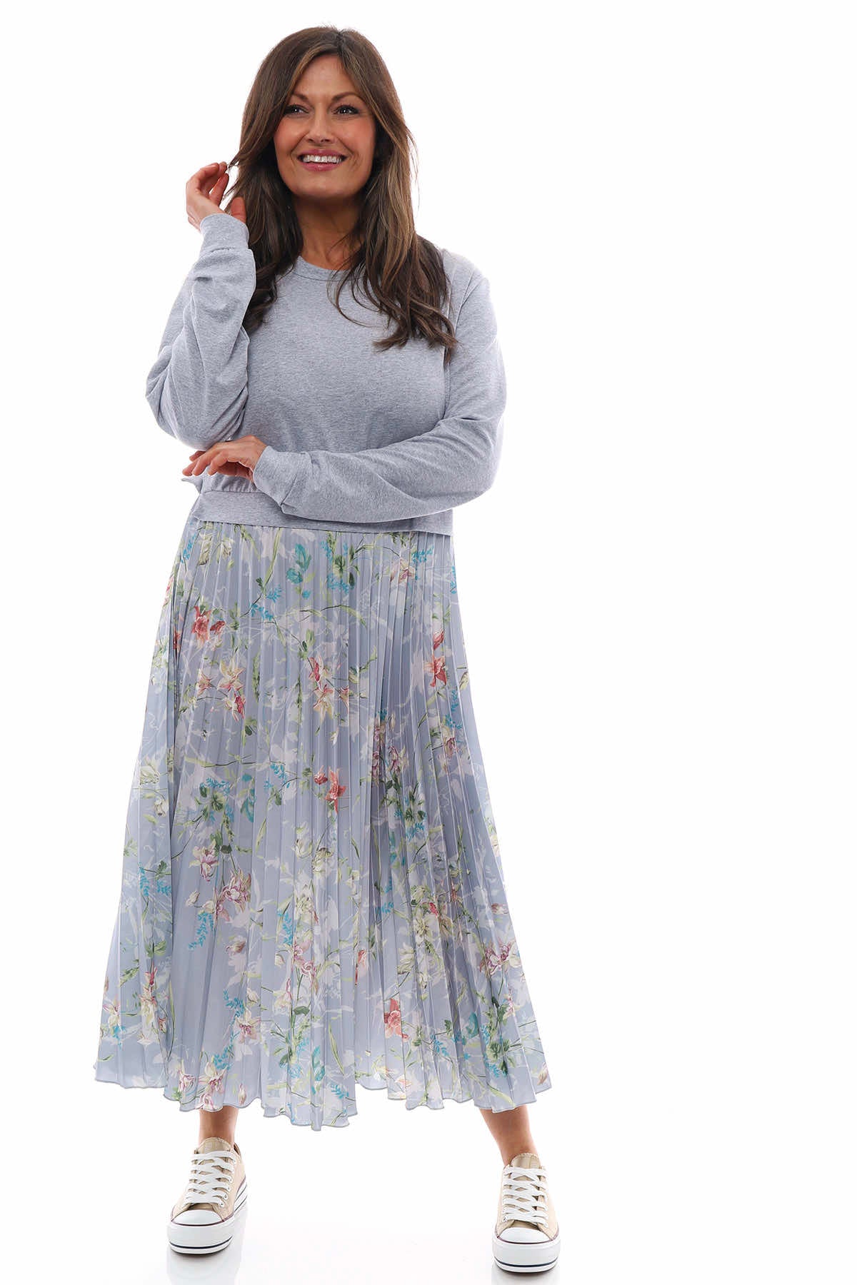 Kinzle Lightweight Floral Pleated Jumper Dress Marl Grey
