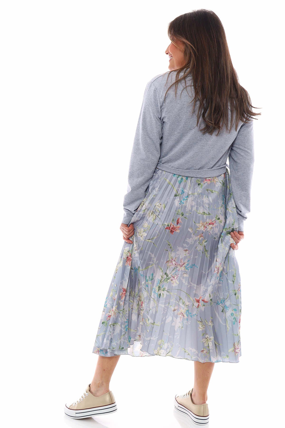 Kinzle Lightweight Floral Pleated Jumper Dress Marl Grey