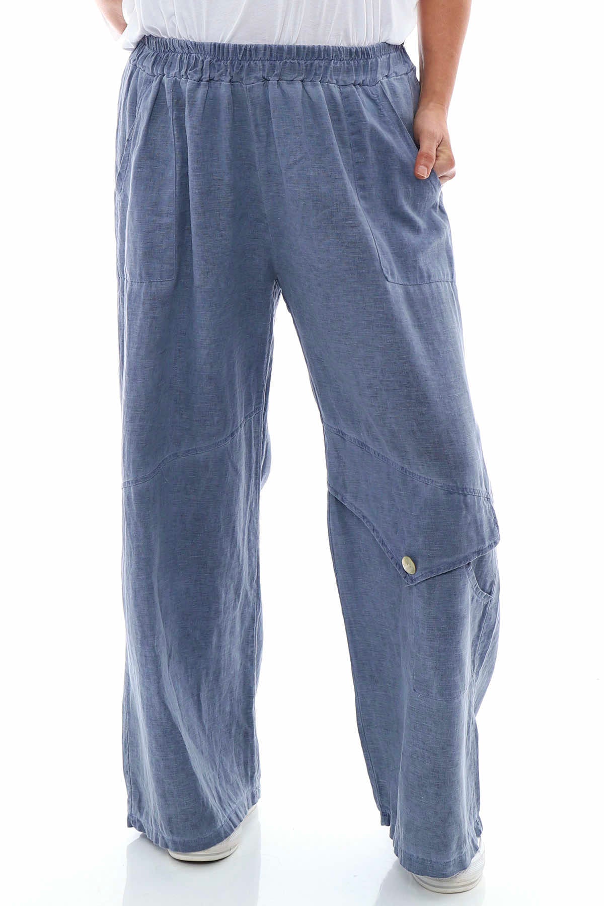 Simena Washed Button Linen Trousers Navy