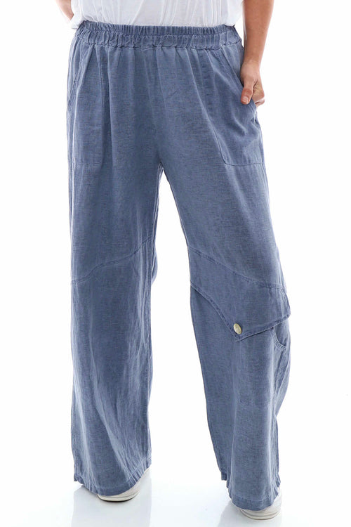 Simena Washed Button Linen Trousers Navy - Image 2
