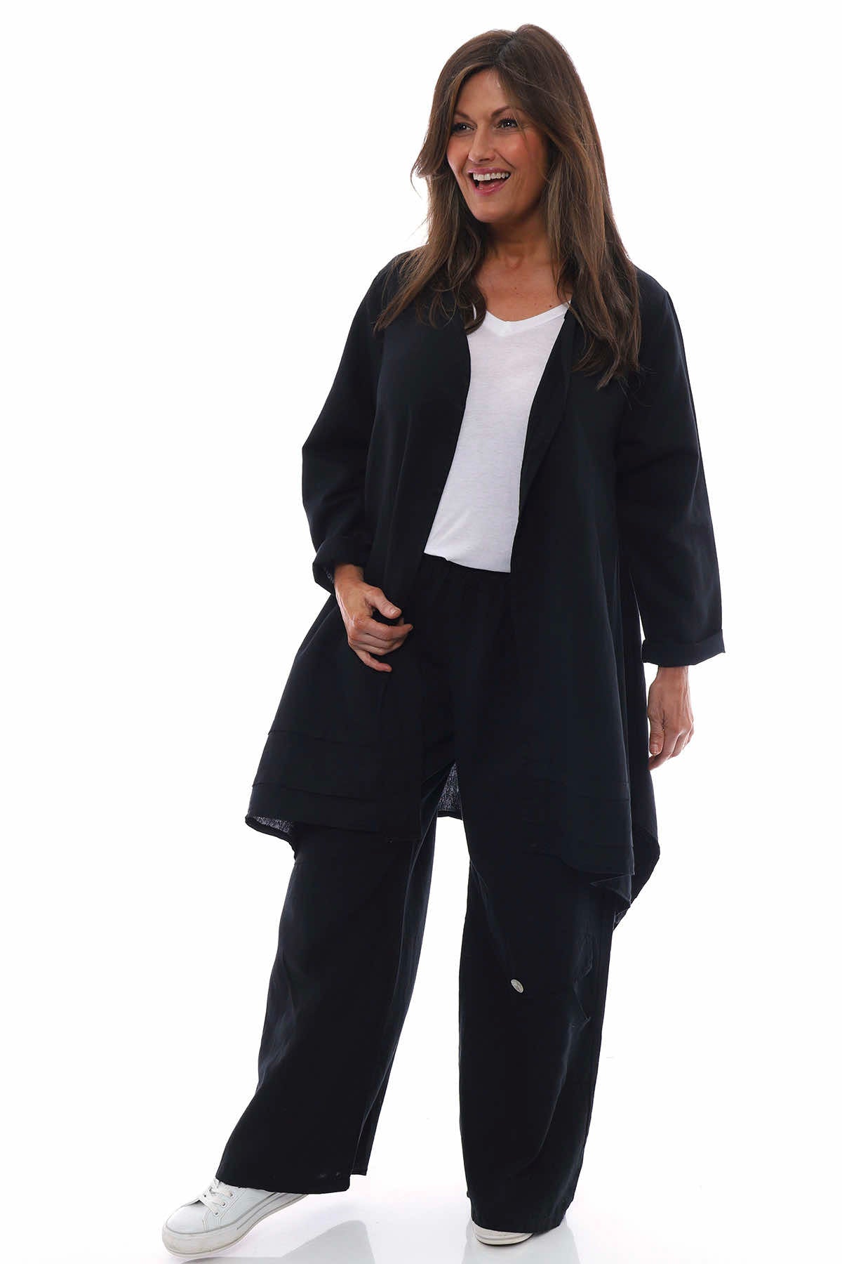 Simena Washed Button Linen Trousers Black