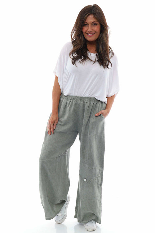 Simena Washed Button Linen Trousers Khaki - Image 1