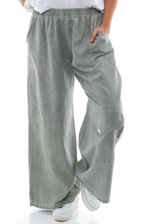Simena Washed Button Linen Trousers Khaki - Image 3