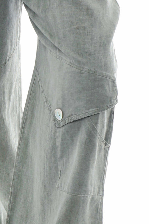 Simena Washed Button Linen Trousers Khaki - Image 4