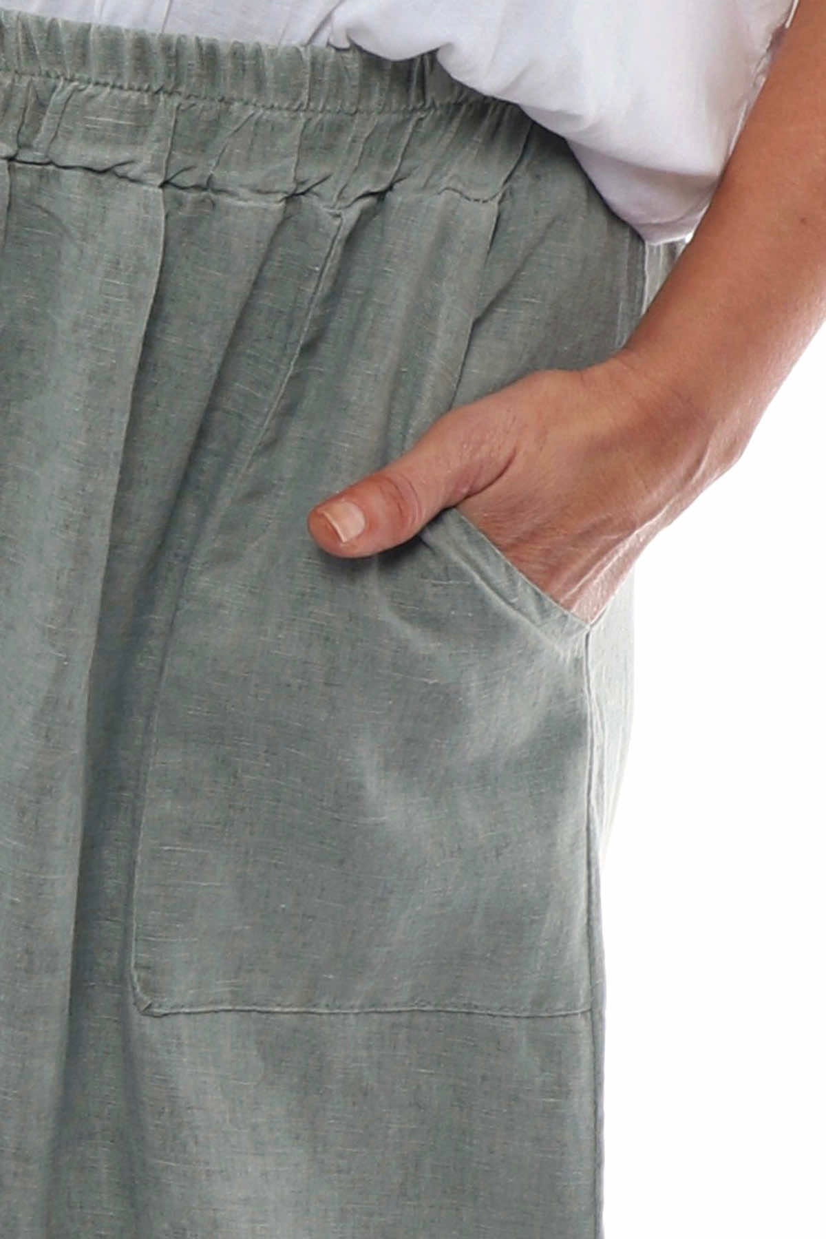 Simena Washed Button Linen Trousers Khaki
