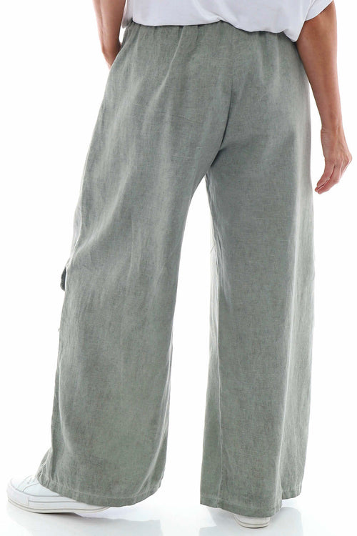 Simena Washed Button Linen Trousers Khaki - Image 7