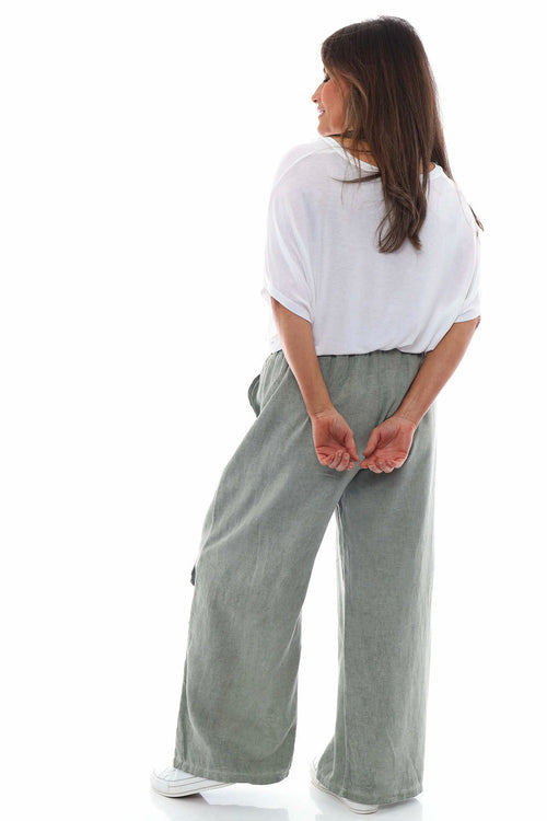 Simena Washed Button Linen Trousers Khaki - Image 8