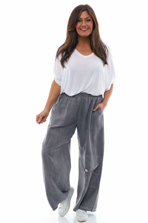 Simena Washed Button Linen Trousers Mid Grey - Image 1