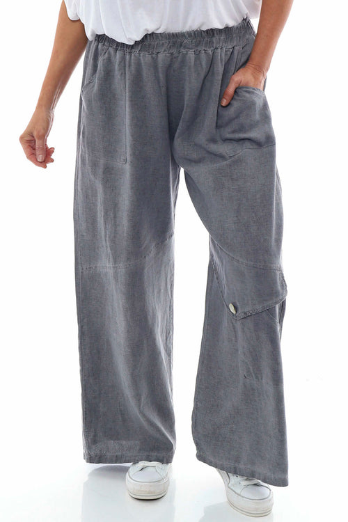 Simena Washed Button Linen Trousers Mid Grey - Image 3
