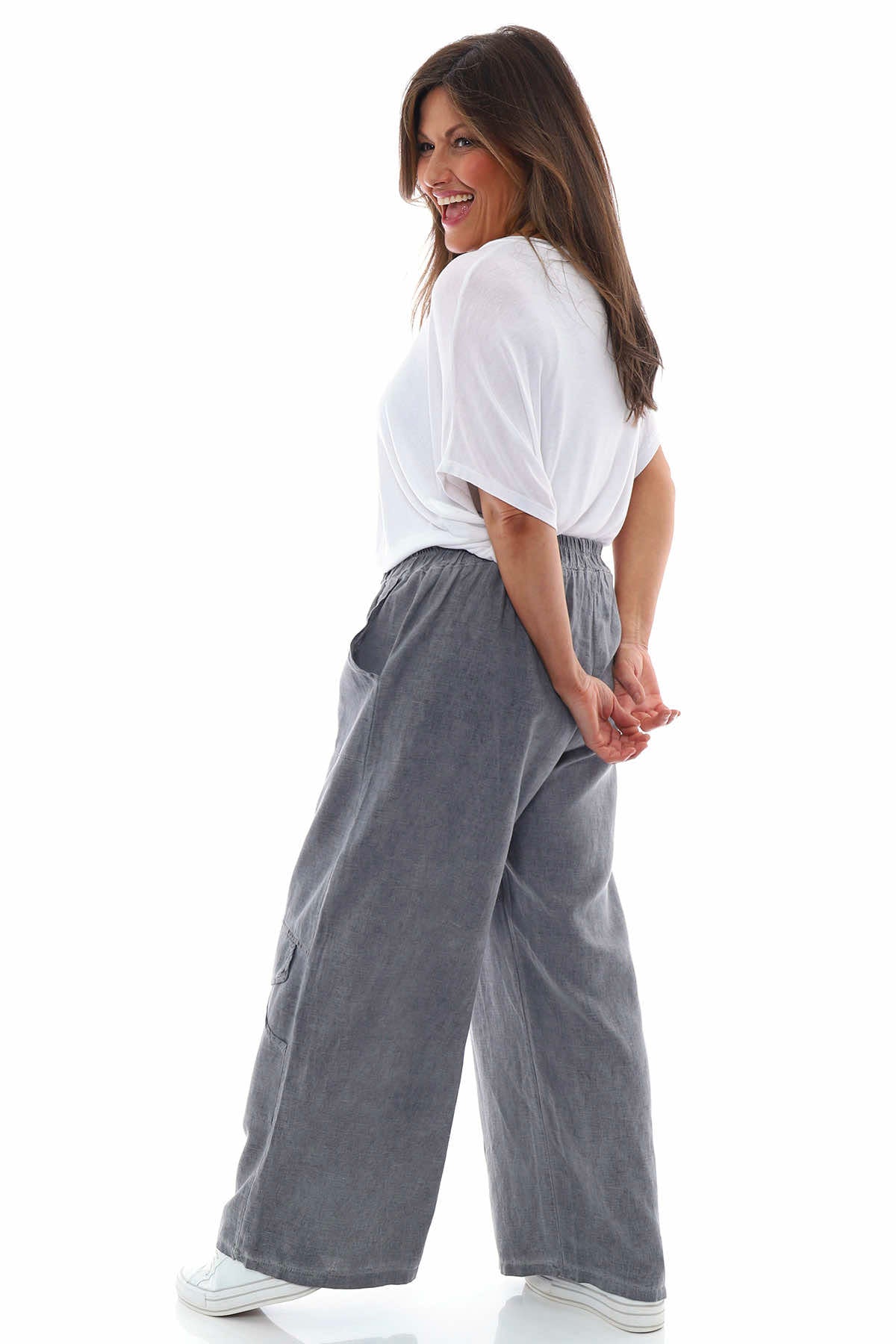 Simena Washed Button Linen Trousers Mid Grey