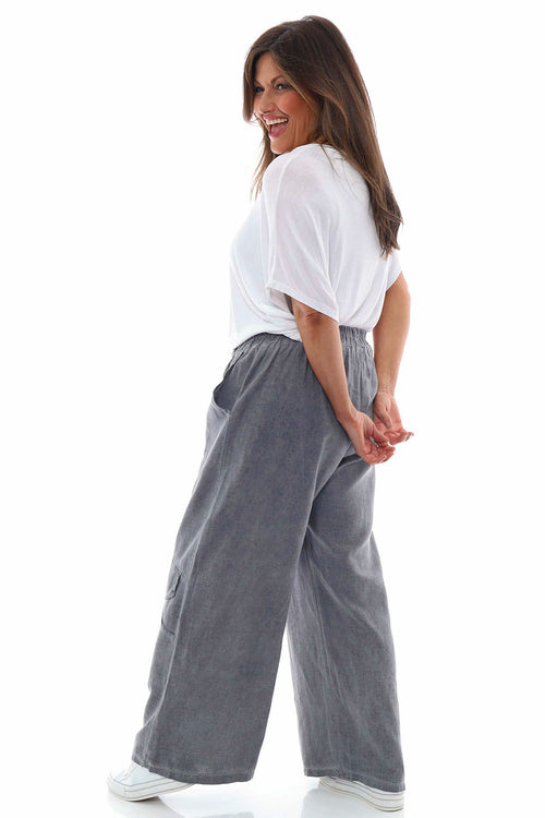 Simena Washed Button Linen Trousers Mid Grey - Image 8