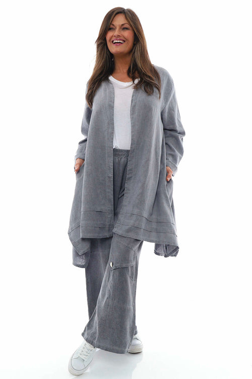 Simena Washed Button Linen Trousers Mid Grey - Image 7