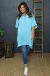 Coletta Button Cotton Top Aqua