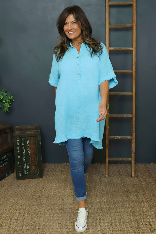 Coletta Button Cotton Top Aqua - Image 1