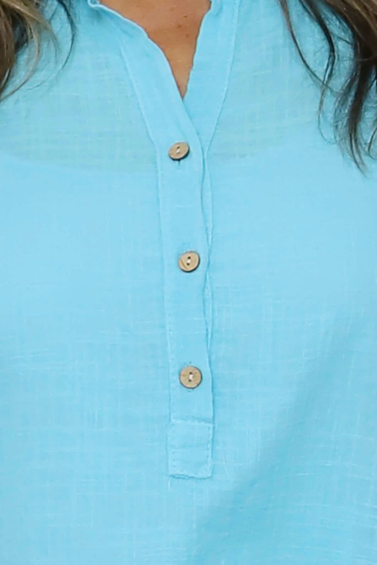 Coletta Button Cotton Top Aqua