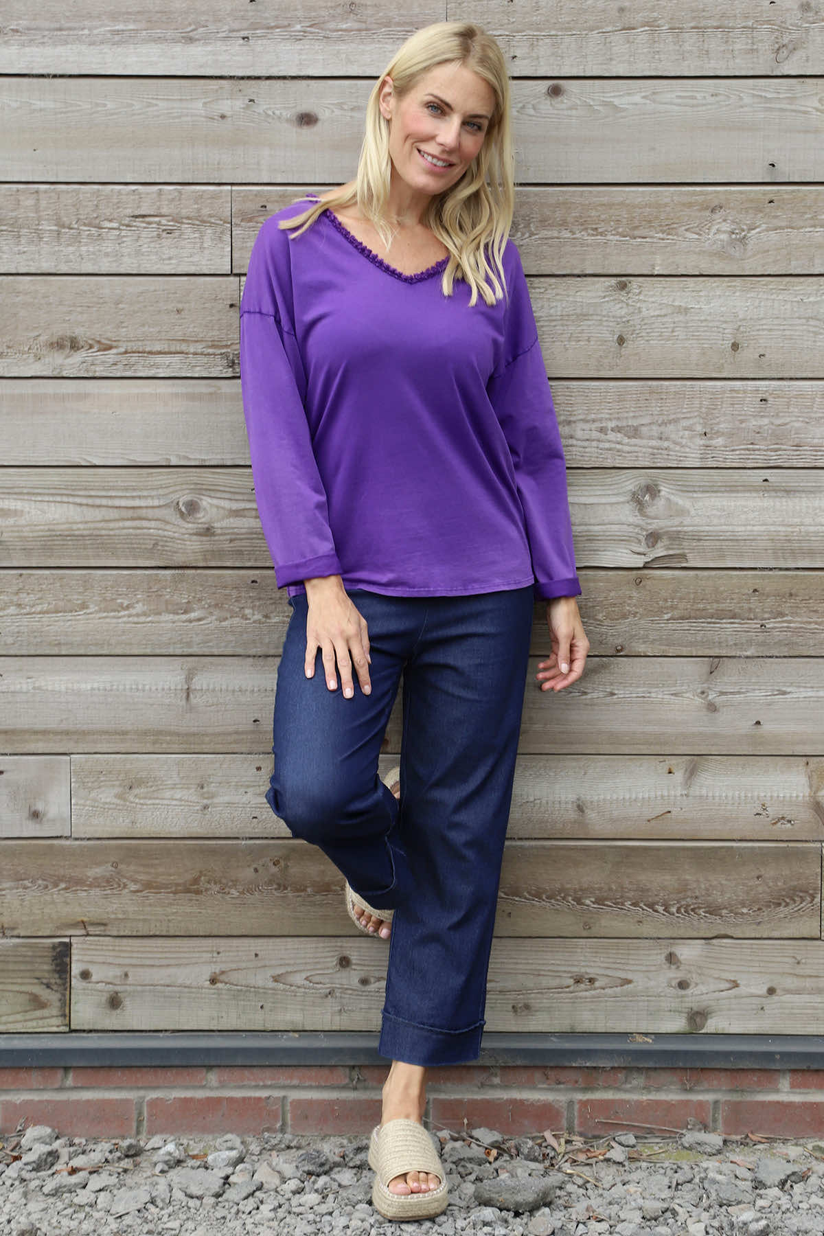 Kinsley Washed V-Neck Cotton Top Purple